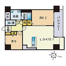レジディア西新 2LDKの間取図画像