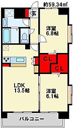 ハイネス若園2 2LDKの間取図画像