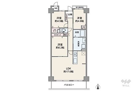 間取りは専有面積74.74平米の3LDK。LDK約17.6帖のプラン。バルコニー面積は9平米です。