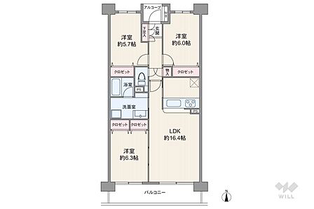 76.71平米の3LDK。キッチンと洗面室(洗濯機置場)の距離が近く家事動線に優れています。LDKとバルコニー側の洋室が続き間で、引き戸を開放して繋げて使うことも可能。バルコニーは9.45?。