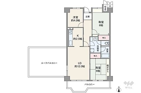 専有面積79.25平米の3LDK。ルーフバルコニー付き、縦長リビング。キッチンは生活感の出にくい独立型で、洗面室(洗濯機置場)との行き来がしやすい2WAY仕様です。バルコニー面積は9.86平米。