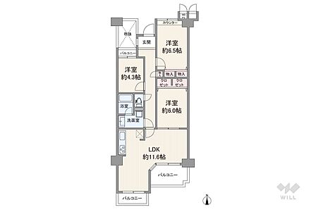 間取りは、延床面積72.65平米の3LDK。全居室洋室仕様のプラン。開口部が広く開放的なLDKです。
