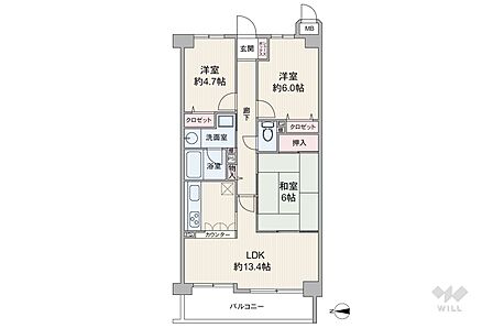 間取りは専有面積66.62平米の3LDK。LDK約13.4帖の横長リビングのプラン。バルコニー面積は8.41平米です。