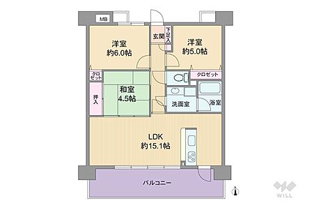 間取りは専有面積66.4平米の3LDK。連窓サッシで開口部が広く開放的な横長リビングプラン。キッチンがバルコニー側に面しており、勝手口から直接バルコニーに出られます。バルコニー面積は14.4平米です。