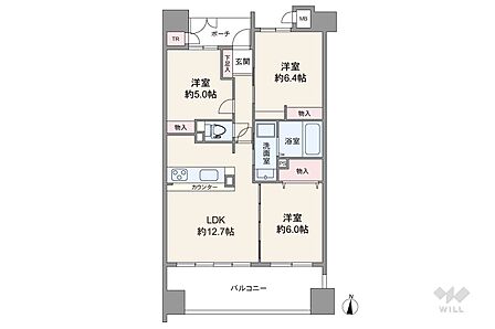 間取りは専有面積64.22平米の3LDK。キッチンと洗面室が近く家事動線良好なプラン。バルコニー面積は13.4平米です。