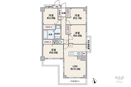 間取りは専有面積79.71平米の4LDK。LDK約15.9帖のプラン。複数方向に採光部があり、バルコニー面積は12.05平米です。