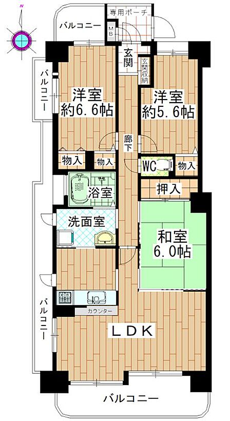 【間取り図】専有面積約78m2の3LDK。3面バルコニーのある角住戸です。