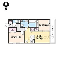 JR草津線 手原駅 徒歩23分の賃貸アパート 2階2LDKの間取り