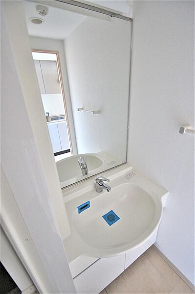 画像19:鏡の大きな洗面化粧台があり、身支度を整える際に便利です。