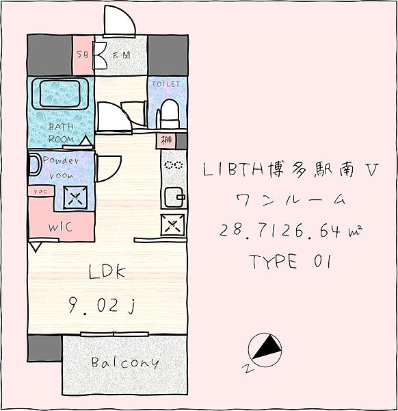 LIBTH博多駅南V 201｜福岡県福岡市博多区博多駅南5丁目(賃貸マンション1R・2階・26.64㎡)の写真 その2