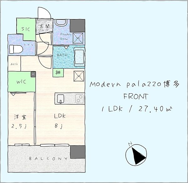 Modern palazzo博多FRONT 901｜福岡県福岡市博多区住吉5丁目(賃貸マンション1LDK・9階・27.40㎡)の写真 その2