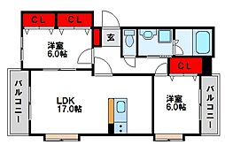 プリムローズ山元 2LDKの間取図画像