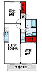 セジュール・赤間B 2LDKの間取図画像