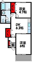 ミルデハイムB 2DKの間取図画像