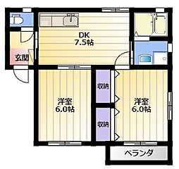 シオミサンハイツB 2DKの間取図画像