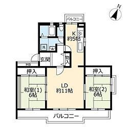 UR都市機構うらわイーストシティかえで街1号棟 2LDKの間取図画像