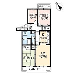UR都市機構かわつるグリーンタウン松ケ丘1号棟 3LDKの間取図画像