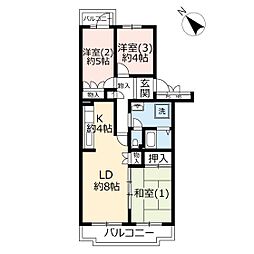 UR都市機構かわつるグリーンタウン松ケ丘1号棟 3LDKの間取図画像