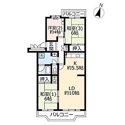 UR都市機構かわつるグリーンタウン新鶴1号棟 3LDKの間取図画像