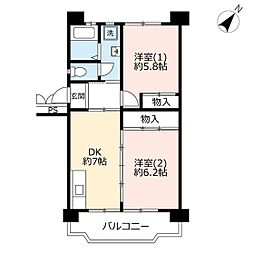 UR都市機構所沢パークタウン駅前通り4号棟 2DKの間取図画像
