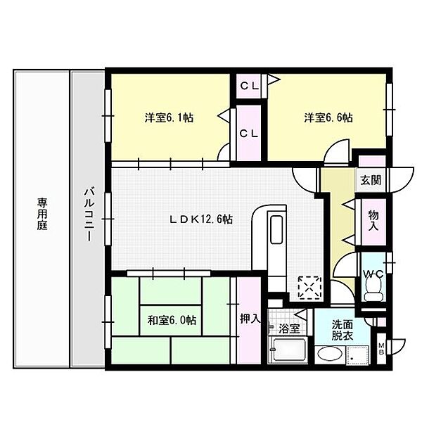 ピア白水ヶ丘 ｜福岡県春日市白水ヶ丘３丁目(賃貸マンション3LDK・1階・69.28㎡)の写真 その2