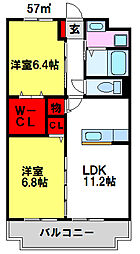 アウラス立石B棟 2LDKの間取図画像