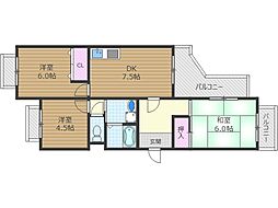 エスポワール高槻 3階3DKの間取り