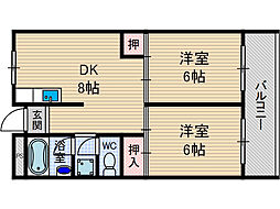 ローズハイツ茨木 2DKの間取図画像