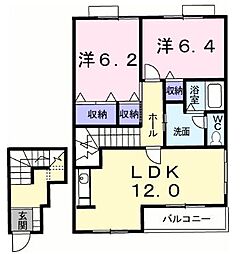 リーヴメゾン北館D 2階2LDKの間取り