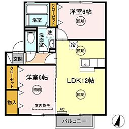 サンハイツ大麻B 2LDKの間取図画像