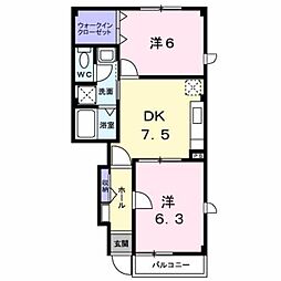 リバーウエストB 2DKの間取図画像