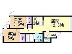 ゼロワンウエスト 2LDKの間取図画像