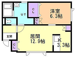 コスモ東神楽2 1LDKの間取図画像