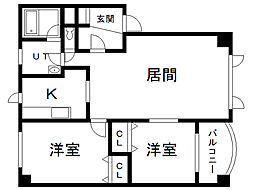 医大前北幸第2ハイツ 2LDKの間取図画像
