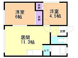 富マンション 2LDKの間取図画像