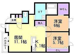 旭川市六条通23丁目アパート 2LDKの間取図画像