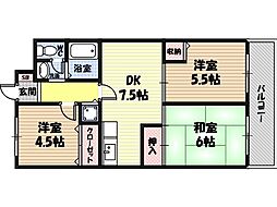 レジョンドール鶴見緑地 2階3DKの間取り