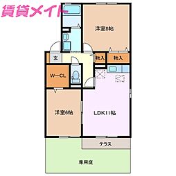 アンシャンテ　Ｂ 1階2LDKの間取り