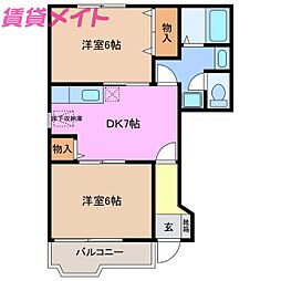プリムヴェル1 2DKの間取図画像