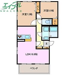 ラ　レーヴ 1階2LDKの間取り