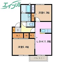 エーデルハイムA 2LDKの間取図画像