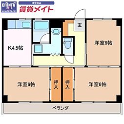 ビレッジハウス津2号棟 3Kの間取図画像