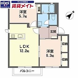グリーンヒル中島A 2LDKの間取図画像