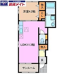 サニーコートB 1LDKの間取図画像