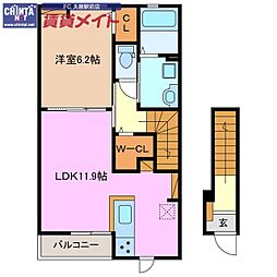 近鉄名古屋線 久居駅 徒歩22分の賃貸アパート 2階1LDKの間取り
