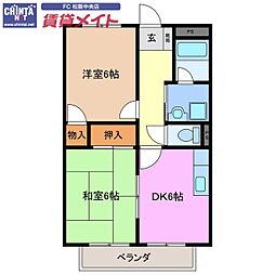 近鉄山田線 松ヶ崎駅 徒歩29分の賃貸アパート 1階2DKの間取り