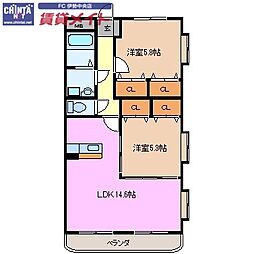 近鉄山田線 明野駅 徒歩10分の賃貸マンション 1階2LDKの間取り