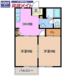 セゾンクレールD 2DKの間取図画像