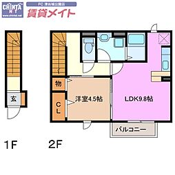 エスポワール高崎 2階1LDKの間取り