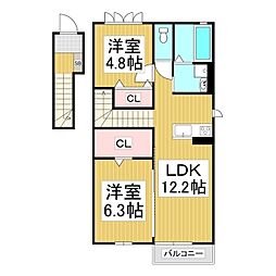 塩尻市大字広丘原新田アパート 2LDKの間取図画像